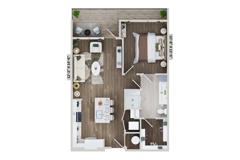Floor plan for 1 bed, 1 bath, 730 sqft